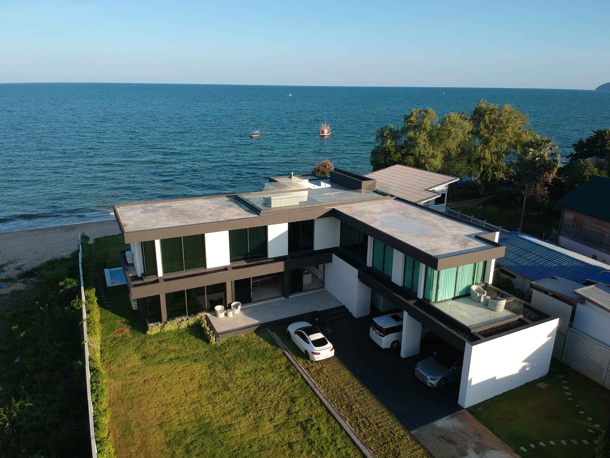Aerial view of Astral Villa beachfront pool villa on the shore of Ao Noi, Hua Hin – Kui Buri